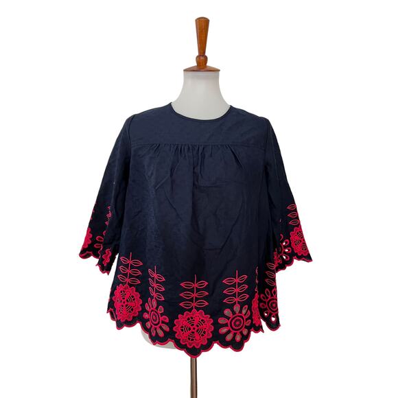 Crown & Ivy Womens Floral Embroidered Blouse Open Back Blue Pink Small - Picture 1 of 7